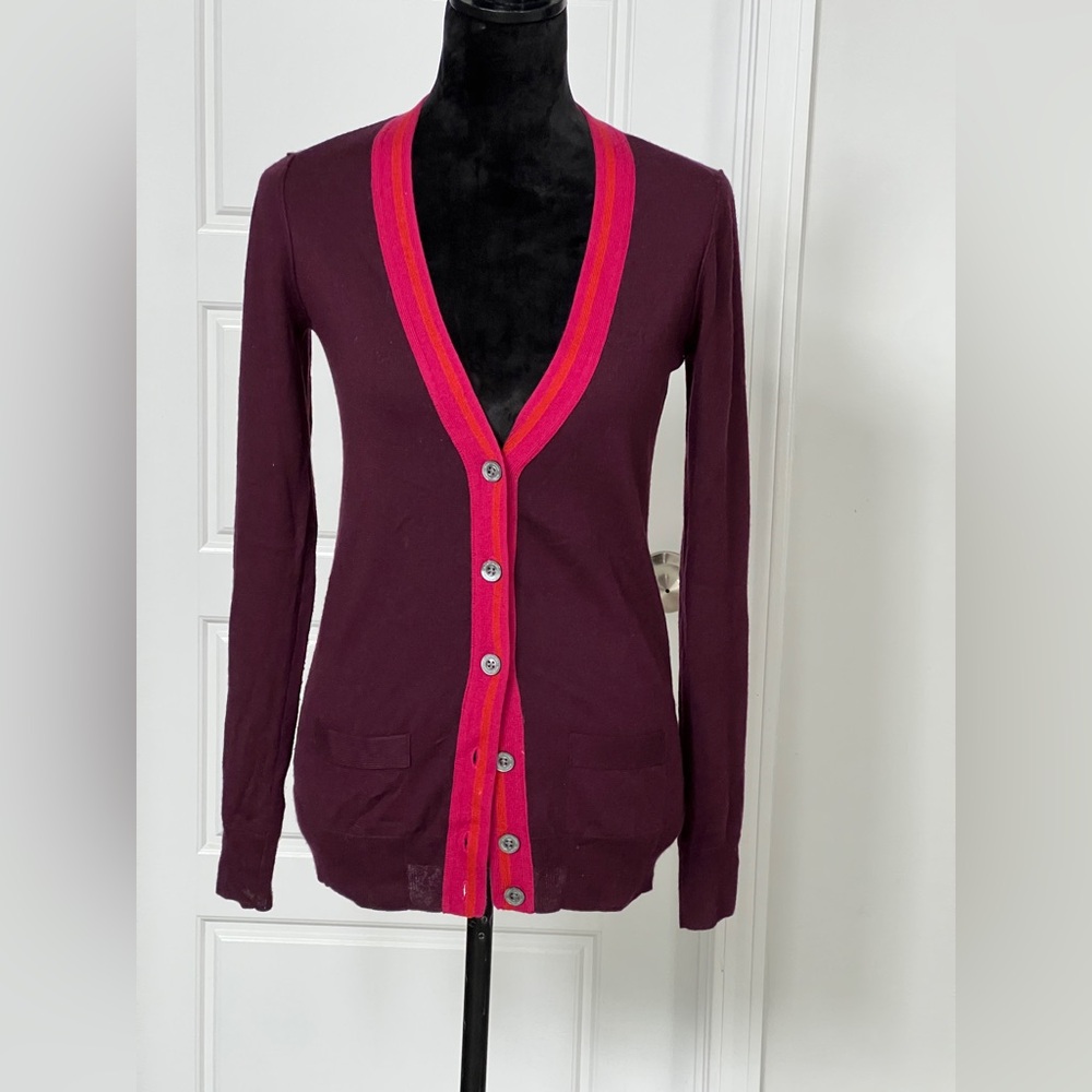 EUC VTG Cashmere and Silk Martin + Osa Deep Purple Cardigan w/Bright Pink Trim S
